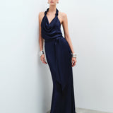 Ria - Cowl Neck Satin Maxi Dress with Beaded Fringe Belt Detail