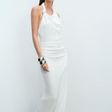 Harper - Asymmetric Cowl Neck Open-Back Jersey Maxi Dress in White