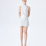 Monica - Draped High Neck Bias Cut Satin Mini Dress in White