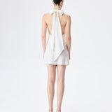 Monica - Draped High Neck Bias Cut Satin Mini Dress in White