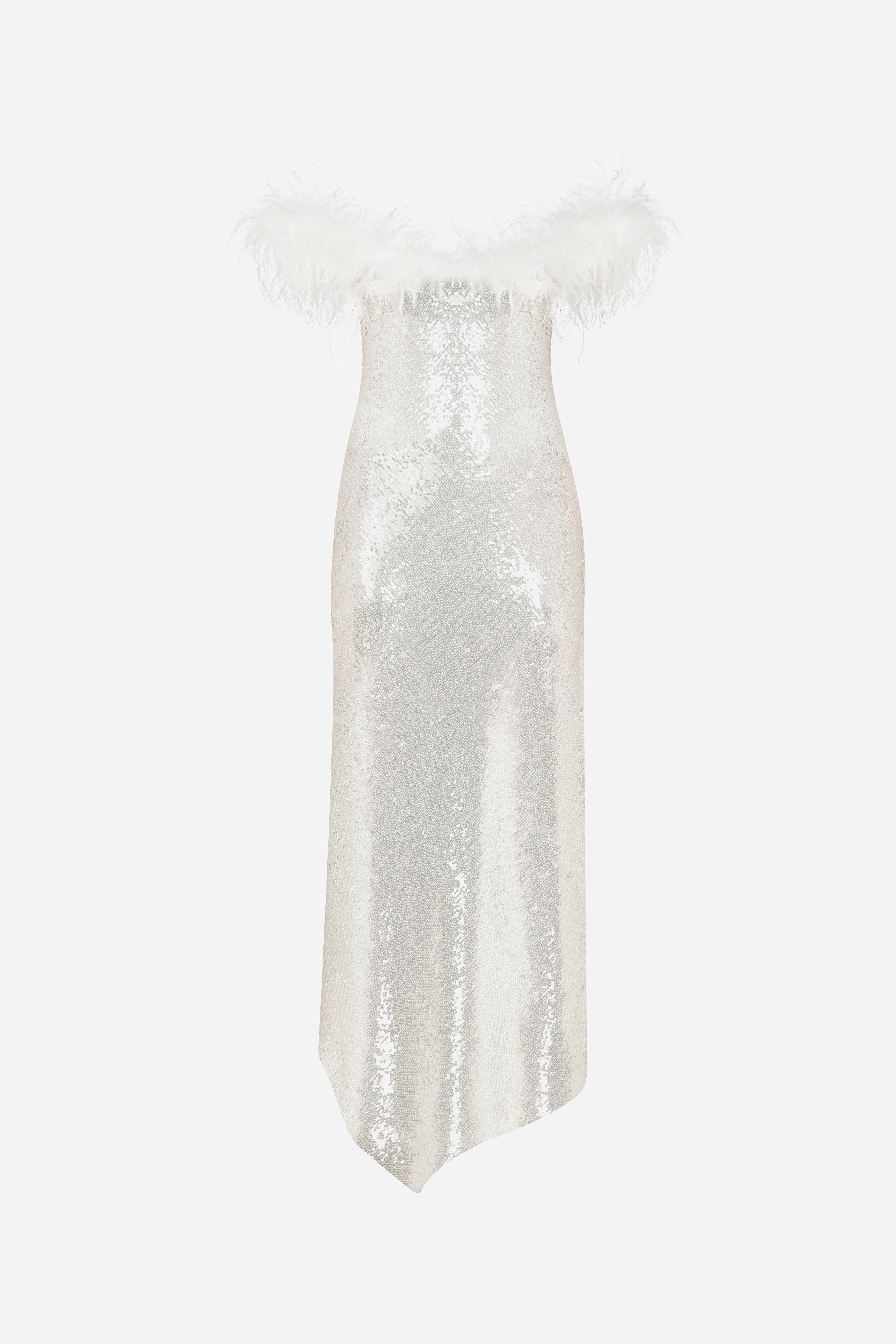 Janis - Strapless Sequin Dress With Feathers