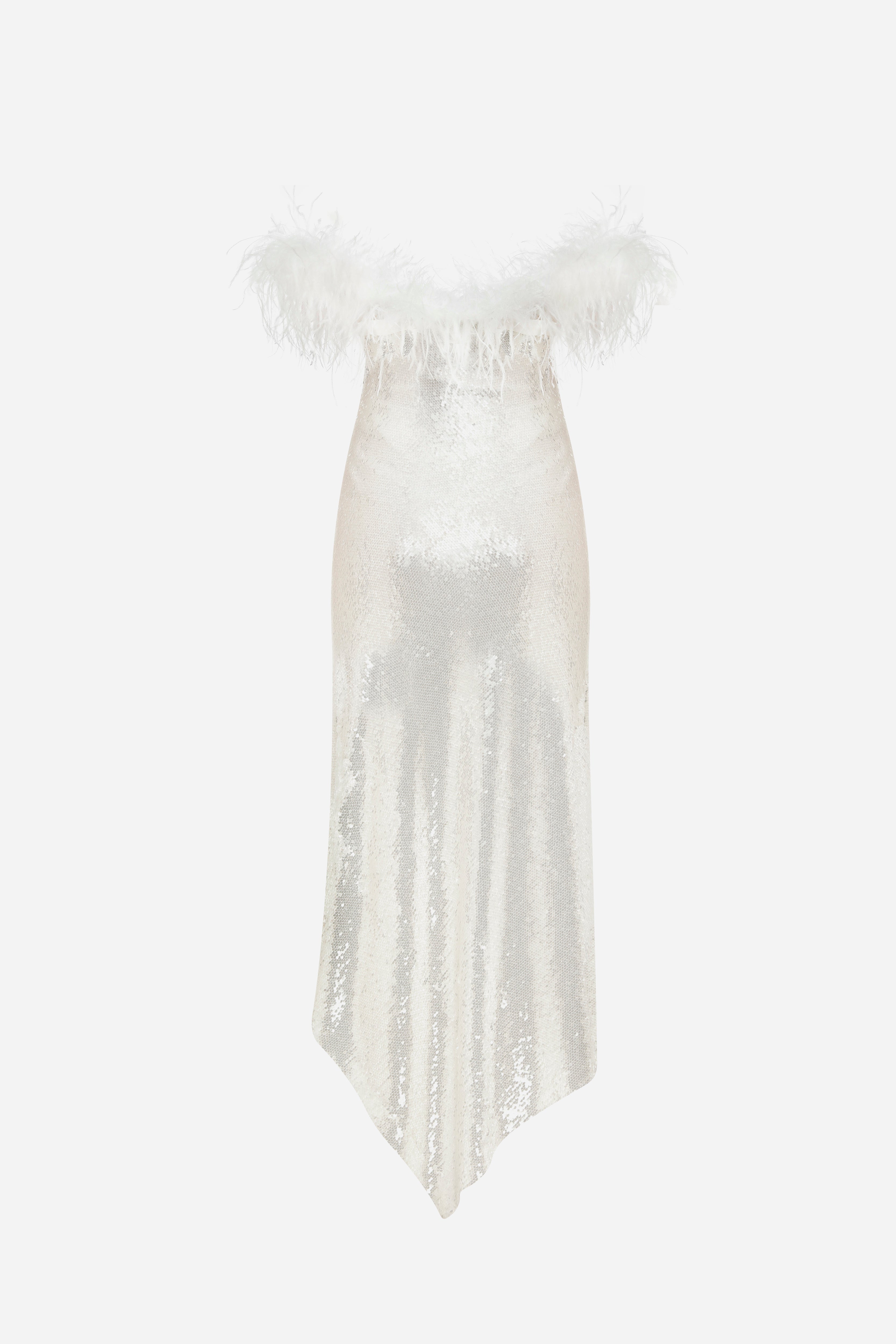 Janis - Strapless Sequin Dress With Feathers