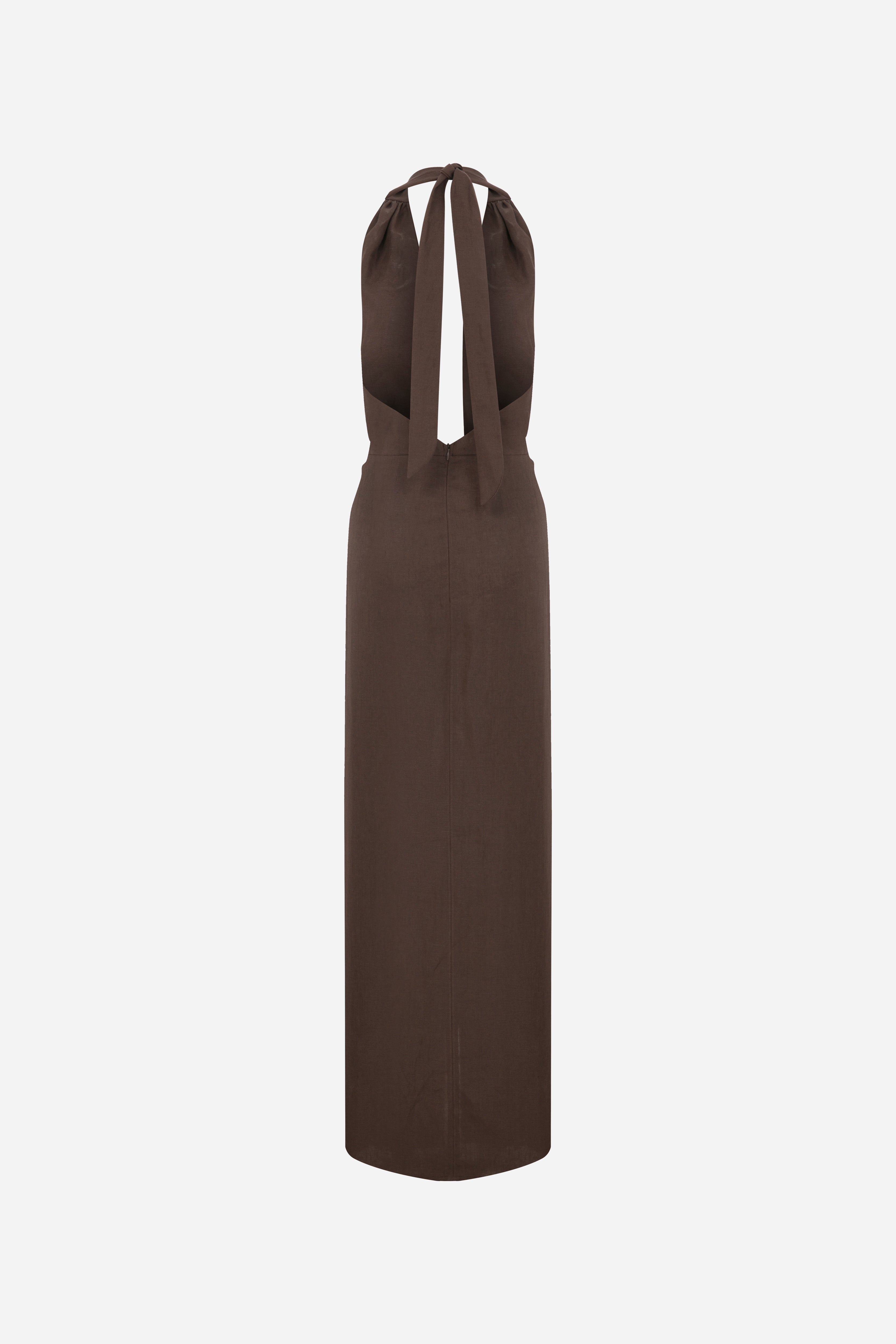Simi-V Neck Linen Dress With Knot Detail in Brown