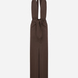 Simi-V Neck Linen Dress With Knot Detail in Brown