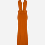 Tina - V Neck Satin Dress With Tuxedo Belt Detail in Terracotta