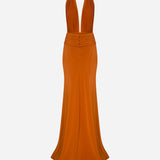 Tina - V Neck Satin Dress With Tuxedo Belt Detail in Terracotta