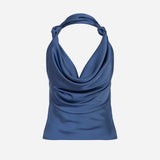 Ria - Cowl Neck Satin Blouse in Navy Blue