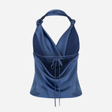 Ria - Cowl Neck Satin Blouse in Navy Blue