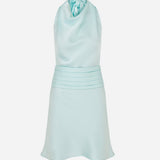 Monica-Draped High Neck Bias Cut Satin Mini Dress in Pale Aquamarine