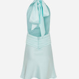 Monica-Draped High Neck Bias Cut Satin Mini Dress in Pale Aquamarine