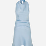 Monica - Draped High Neck Bias Cut Satin Mini Dress in Light Blue