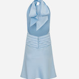 Monica - Draped High Neck Bias Cut Satin Mini Dress in Light Blue