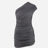 Teresa - Gri Drape Detaylı Tek Omuz Jarse Mini Elbise