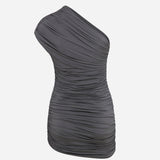 Teresa - Gri Drape Detaylı Tek Omuz Jarse Mini Elbise