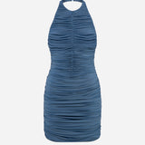 Amber-Draped Open-Back Jersey Mini Dress in Blue