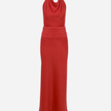Sidney - Draped High Neck Bias Cut Satin Maxi Dress With Tuxedo Belt in Red