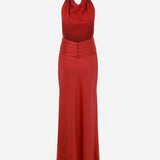 Sidney - Draped High Neck Bias Cut Satin Maxi Dress With Tuxedo Belt in Red