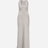 Sidney - Draped High Neck Bias Cut Satin Maxi Dress With Tuxedo Belt in Silver