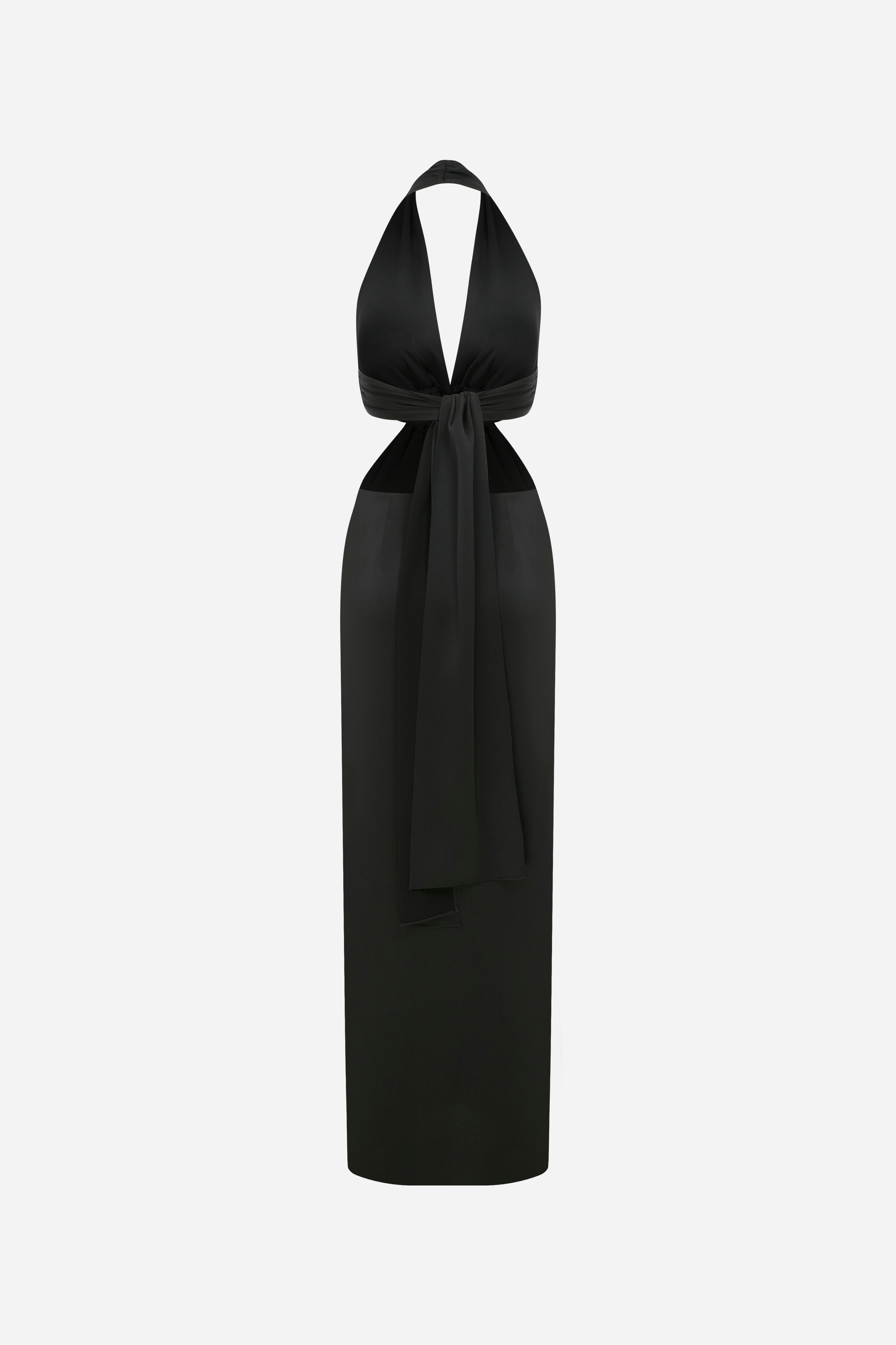 DORY - V NECK SATIN DRESS WITH HANMADE ACCESSORIES IN BLACK