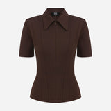 Kate - Polo Neck Corset Detailed T-Shirt in Brown