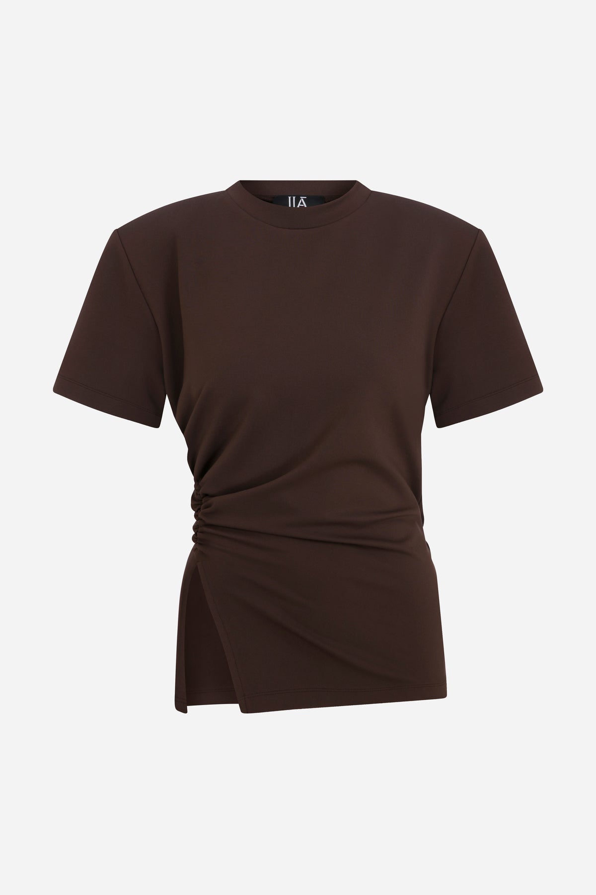 Lilia-Draped T-Shirt With Shoulder Pads in Brown