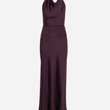 Sidney - Draped High Neck Bias Cut Satin Maxi Dress With Tuxedo Belt in Burgundy