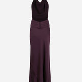 Sidney - Draped High Neck Bias Cut Satin Maxi Dress With Tuxedo Belt in Burgundy