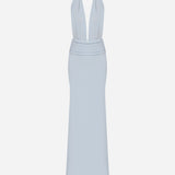Tina - V-Neck Satin Dress With Tuxedo Belt Detail in Blue