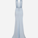 Tina - V-Neck Satin Dress With Tuxedo Belt Detail in Blue