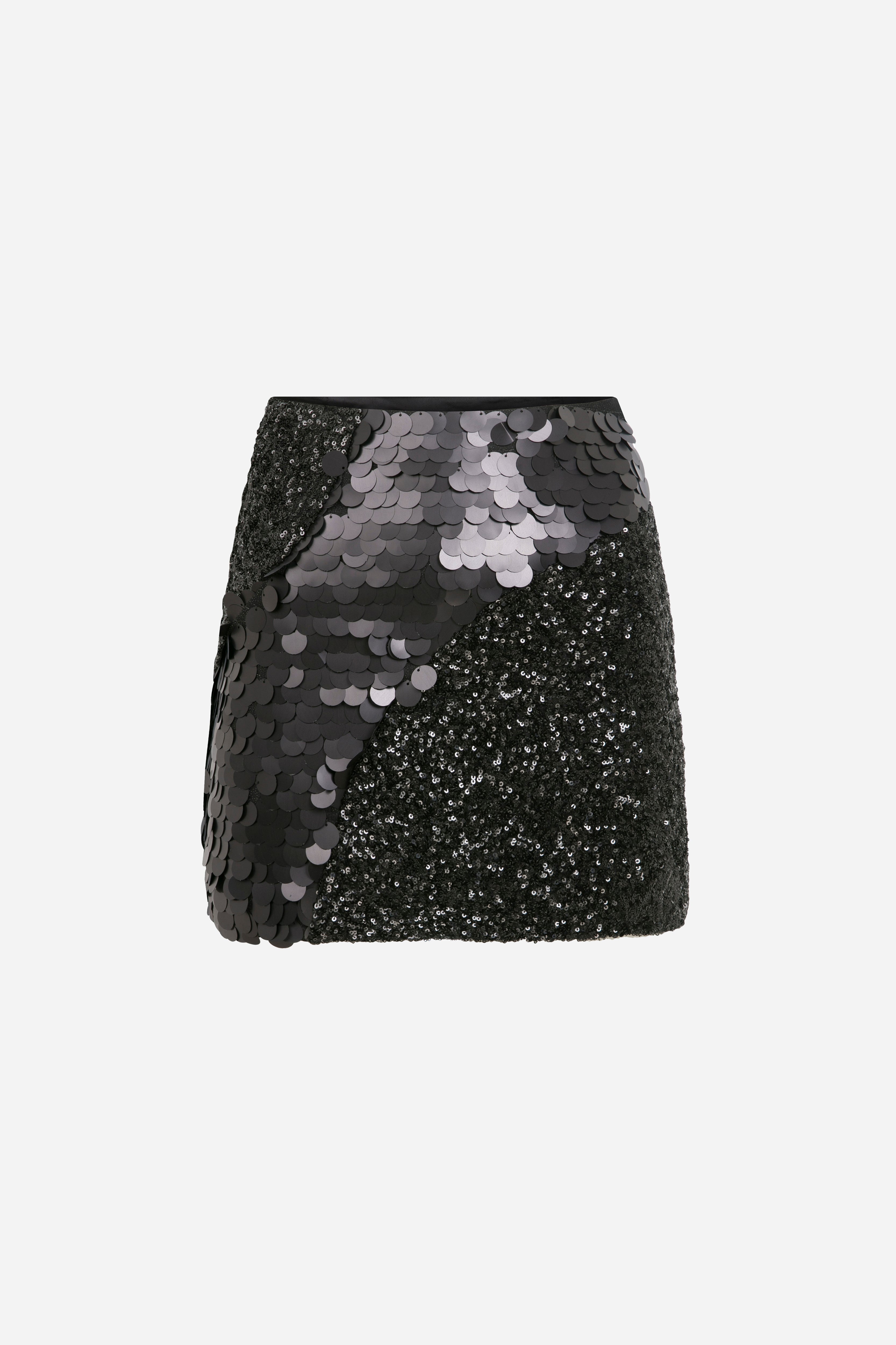 ALDA - Mini skirt with patchwork sequins IN BLACK