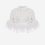 Camille - Sequin Crop Top With Feathers in White