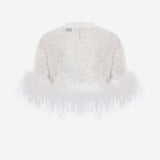 Camille - Sequin Crop Top With Feathers in White