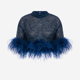 Camille - Sequin Crop Top With Feathers in Navy Blue