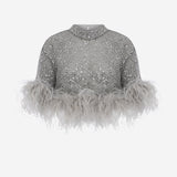 Camille - Sequin Crop Top With Feathers in Grey