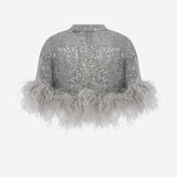 Camille - Sequin Crop Top With Feathers in Grey
