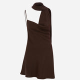 Lauren-Asymmetrical Neckline Linen Mini Dress With Scarf Detail