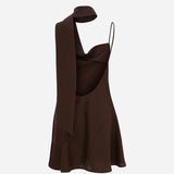 Lauren-Asymmetrical Neckline Linen Mini Dress With Scarf Detail