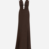 Karen-V-Neck Linen Maxi Dress With Metal Accessory Detail in Brown