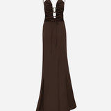 Karen-V-Neck Linen Maxi Dress With Metal Accessory Detail in Brown