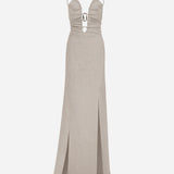 Karen-V-Neck Linen Maxi Dress With Metal Accessory Detail in Beige