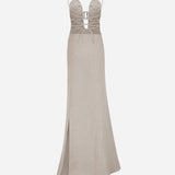 Karen-V-Neck Linen Maxi Dress With Metal Accessory Detail in Beige