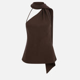 Florence-One-Shoulder Scarf-Detail Linen Blouse in Brown