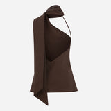 Florence-One-Shoulder Scarf-Detail Linen Blouse in Brown