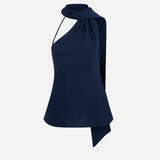 Florence-One-Shoulder Scarf-Detail Linen Blouse in Navy Blue