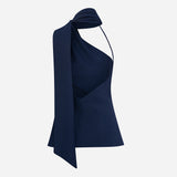 Florence-One-Shoulder Scarf-Detail Linen Blouse in Navy Blue