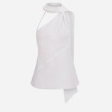Florence-One-Shoulder Scarf-Detail Linen Blouse in White