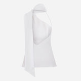 Florence-One-Shoulder Scarf-Detail Linen Blouse in White