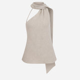 Florence-One-Shoulder Scarf-Detail Linen Blouse in Beige