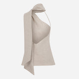 Florence-One-Shoulder Scarf-Detail Linen Blouse in Beige