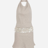 Lang-Draped High-Neck Linen Mini Dress With Hand-Beaded Mother-Of-Pearl Belt